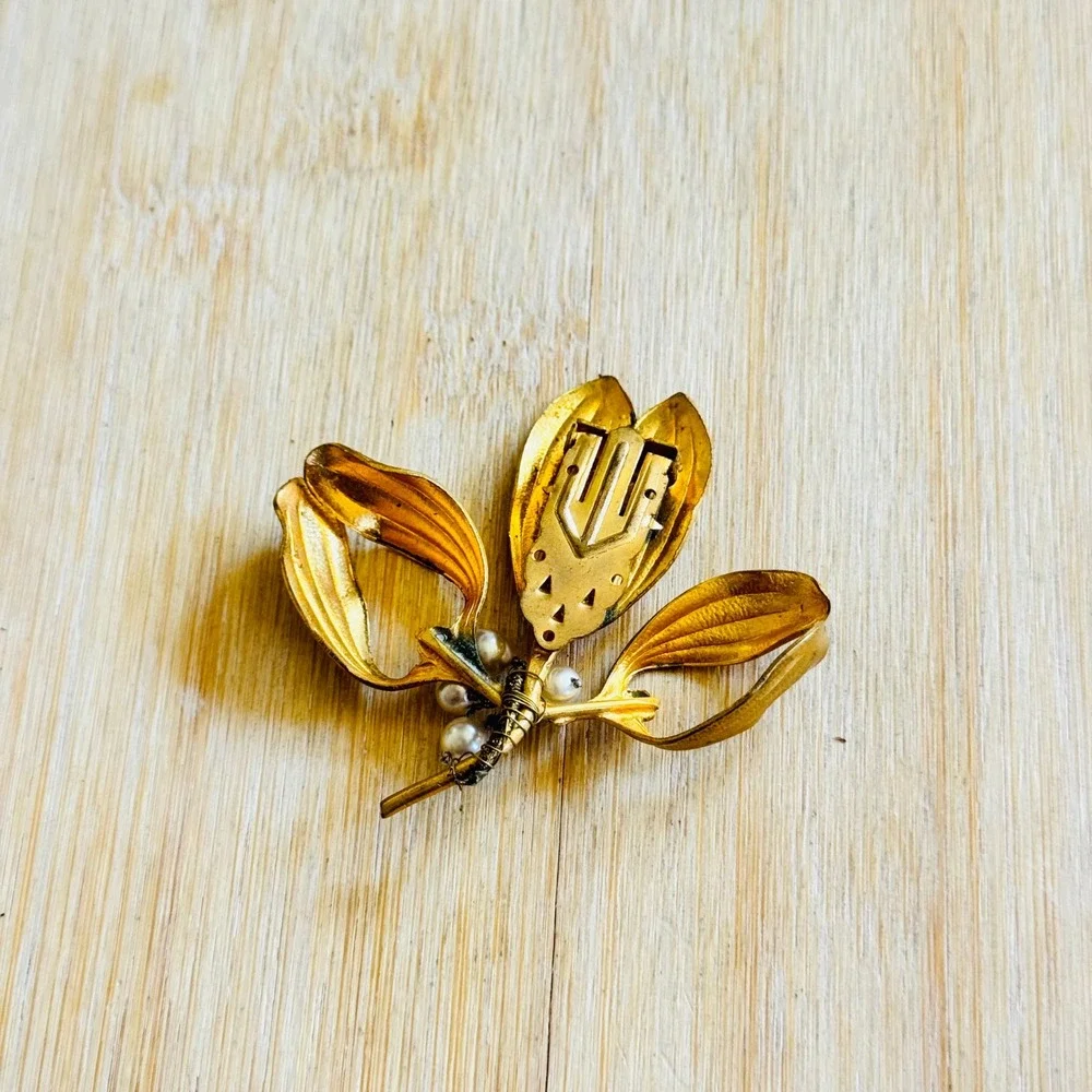 Floral Art Nouveau Mistletoe Pin Fur Dress Clip VTG Antique France Signed Motif